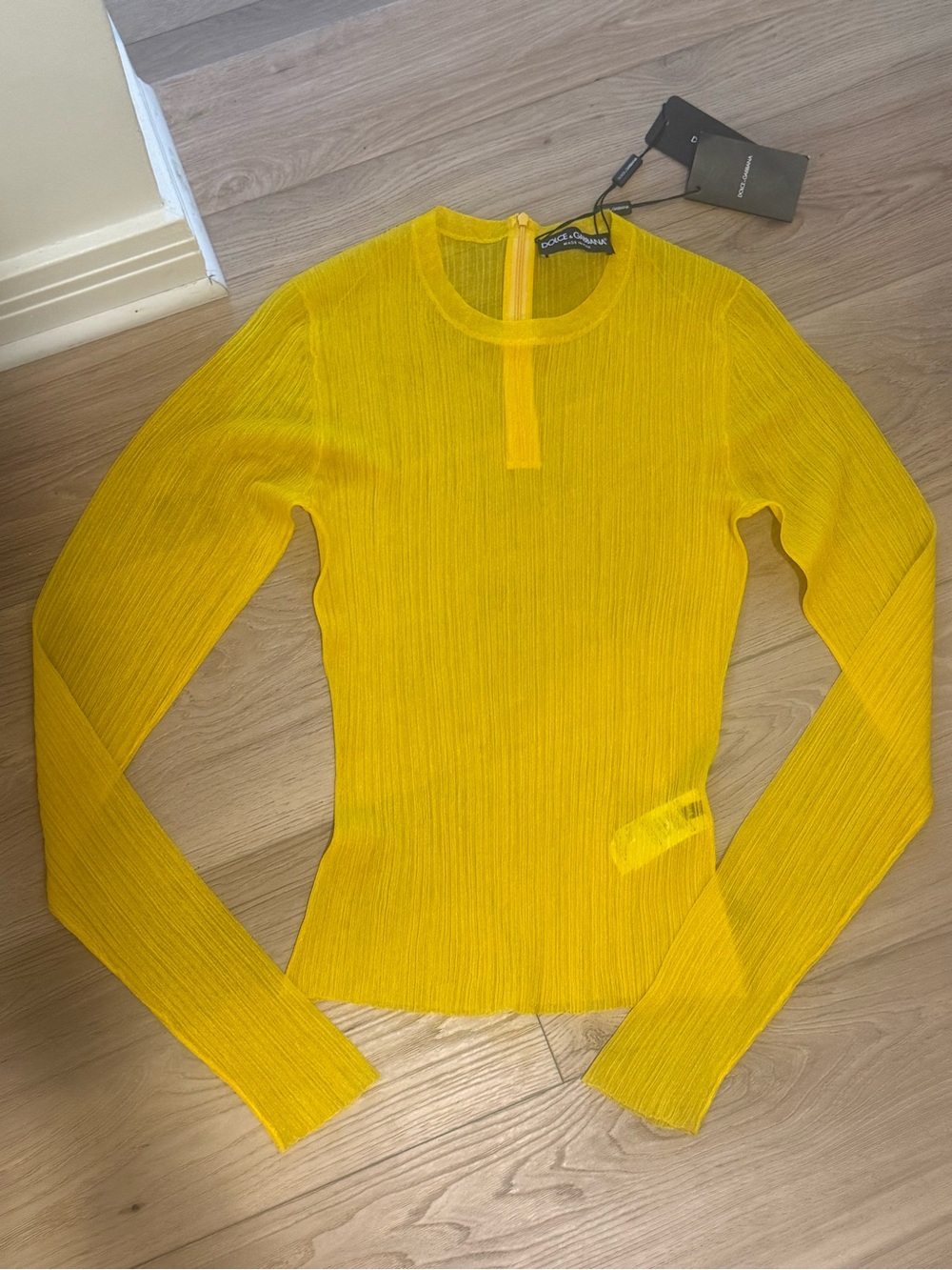 Dolce & Gabbana Bright Yellow Long-Sleeve Sheer Ribbed Top